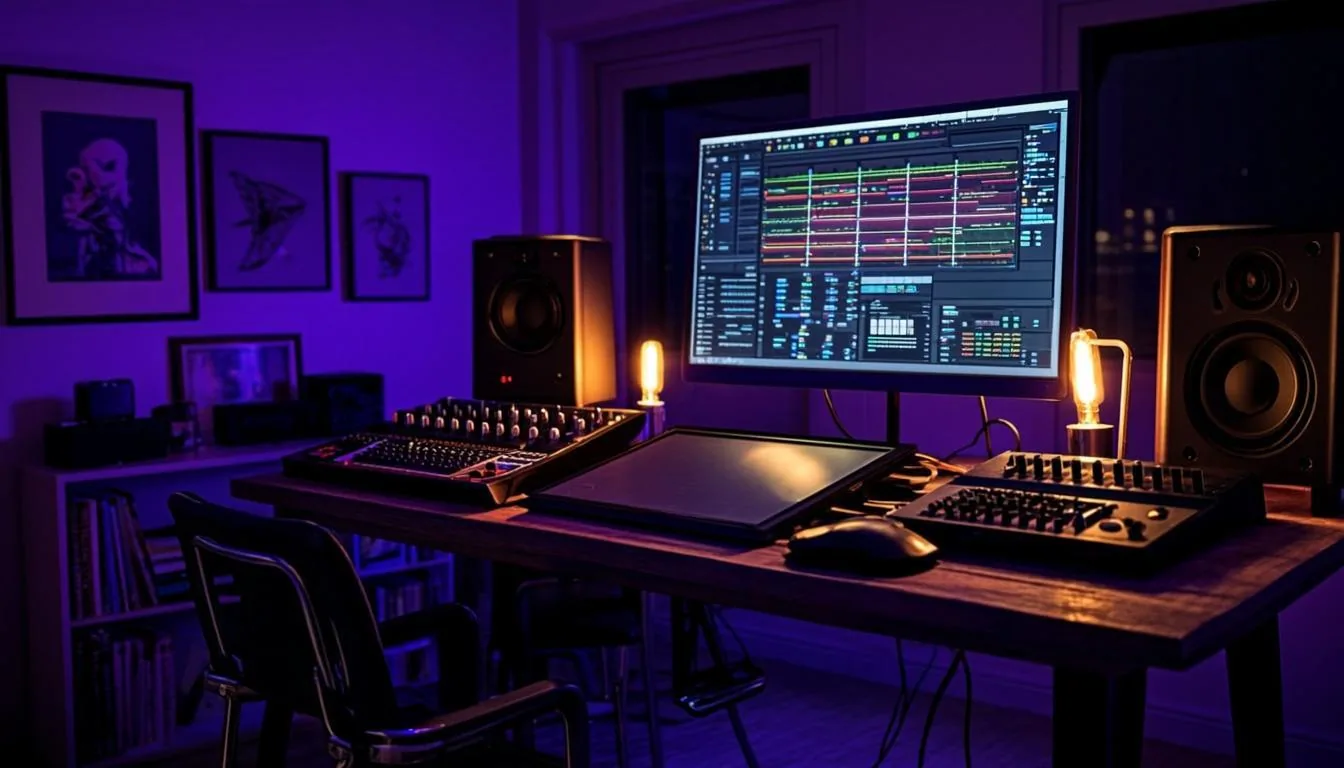 A creative studio at night with production equipment silhouettes under violet and gold light